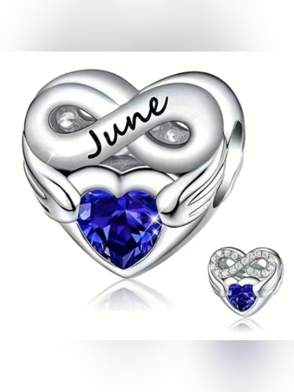 June Birthstone charm with blue rhinestone, back has rhinestone infinity symbol